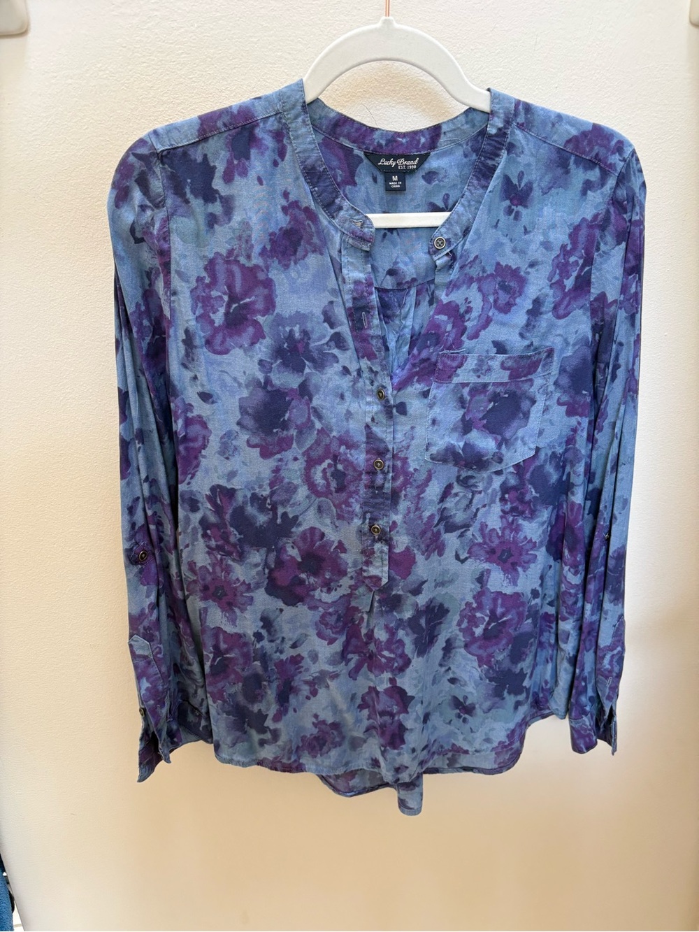 Lucky Brand Blue and Purple Floral Henley Button-Front Shirt